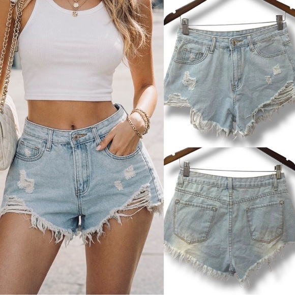 SHEIN Pants - SHEIN | EUC Light Blue High-Waist Distressed Denim Shorts (size S)